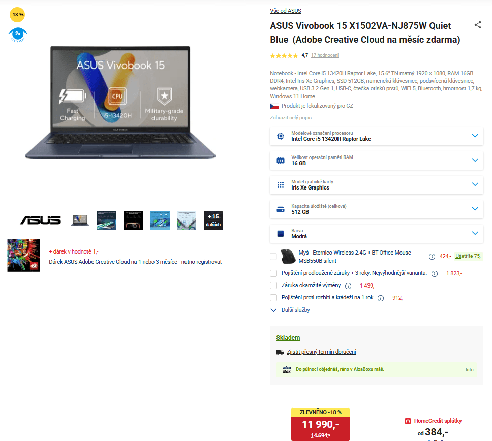 Asus i5 4,6GHz, 16/512GB, 15,6"